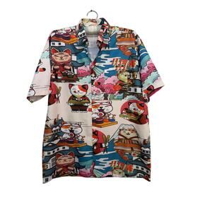 HisSelector Button-Down Hawaiian Shirt Maneki-neko Multicolor Size Large